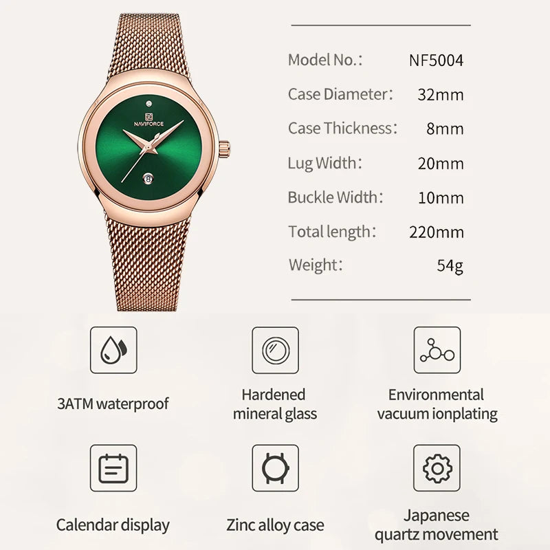NAVIFORCE NF5004 Green Mesh Steel Date Analog Watch