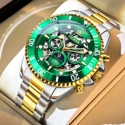 OLEVS Brand Luxury Automatic Mechanical Watch Men Skeleton Watch Week Date Waterproof Stainless Steel Hollow Business Men Watch