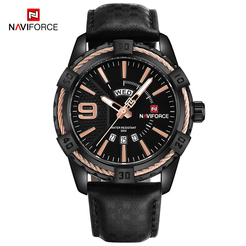 NAVIFORCE Montre Homme Tendance Or Luxe Sport Étanche Militaire Montre-bracelet Affaires Décontracté Bracelet en Cuir Date Horloge 9117