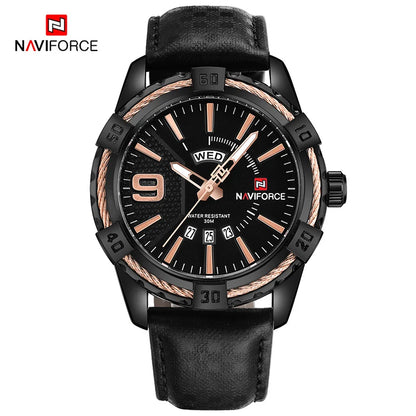 NAVIFORCE Montre Homme Tendance Or Luxe Sport Étanche Militaire Montre-bracelet Affaires Décontracté Bracelet en Cuir Date Horloge 9117
