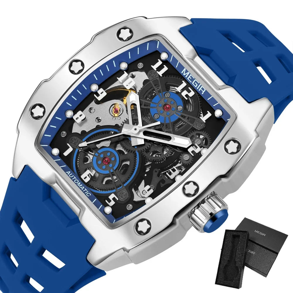 MEGIR Montre Homme Sport Tendance Boîtier Alliage Mécanique Étanche Bracelet Silicone Cadran Tonneau Aiguilles Lumineuses Montres-bracelets Homme