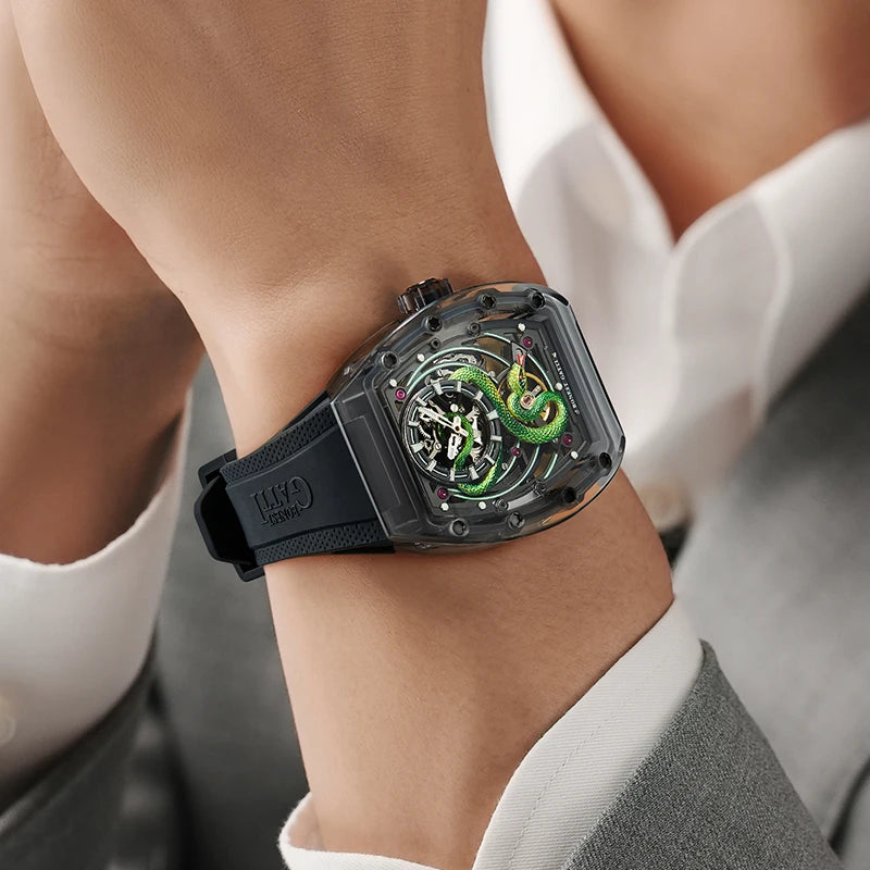 BONEST GATTI 6004 Montre Homme Automatique Tonneau Montre-Bracelet Mécanique Boîtier Acrylique Saphir Lumineux Cadran Serpent Montres Pour Hommes