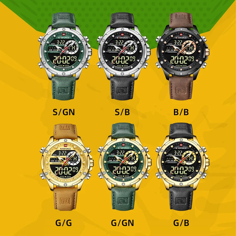 NAVIFORCE Montre tendance homme, charmante et accrocheuse, affichage du jour, de la date et de l'heure, bracelet en cuir souple, aiguille lumineuse, affichage LED, cadeau homme