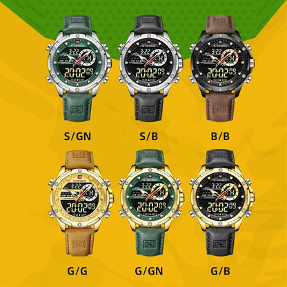 NAVIFORCE Montre tendance homme, charmante et accrocheuse, affichage du jour, de la date et de l'heure, bracelet en cuir souple, aiguille lumineuse, affichage LED, cadeau homme