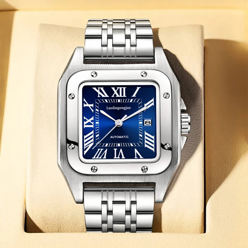 High-End Luxury Square Automatic Mechanical Watch for Men, with Hollow Butterfly Clasp, Fashionable Business Casual Versatile Stylish Men's Wristwatch, Suitable for Wearing in Various Occasions, the First Choice Gift for Your Boyfriend on Valentine's Day