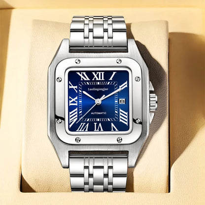 High-End Luxury Square Automatic Mechanical Watch for Men, with Hollow Butterfly Clasp, Fashionable Business Casual Versatile Stylish Men's Wristwatch, Suitable for Wearing in Various Occasions, the First Choice Gift for Your Boyfriend on Valentine's Day