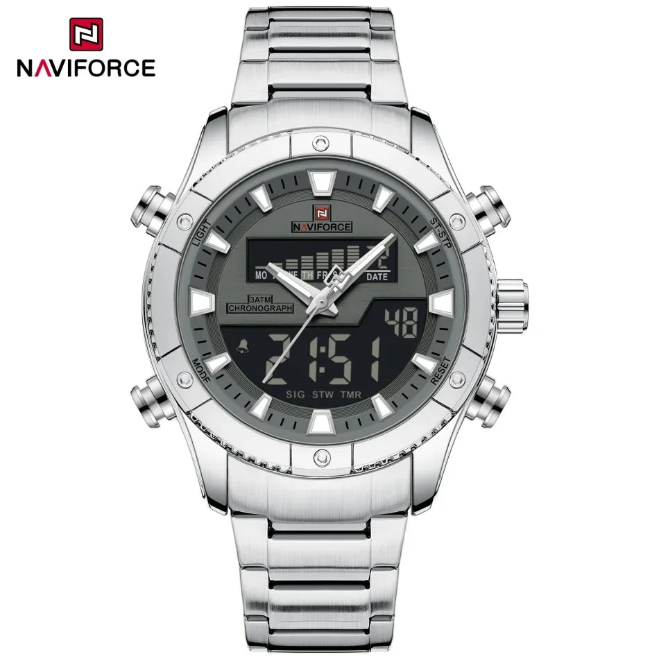 Montre NAVIFORCE Originale Neuve pour Hommes Double Affichage Heure Étanche Acier Inoxydable Multifonction Compte à Rebours Sports Réveil
