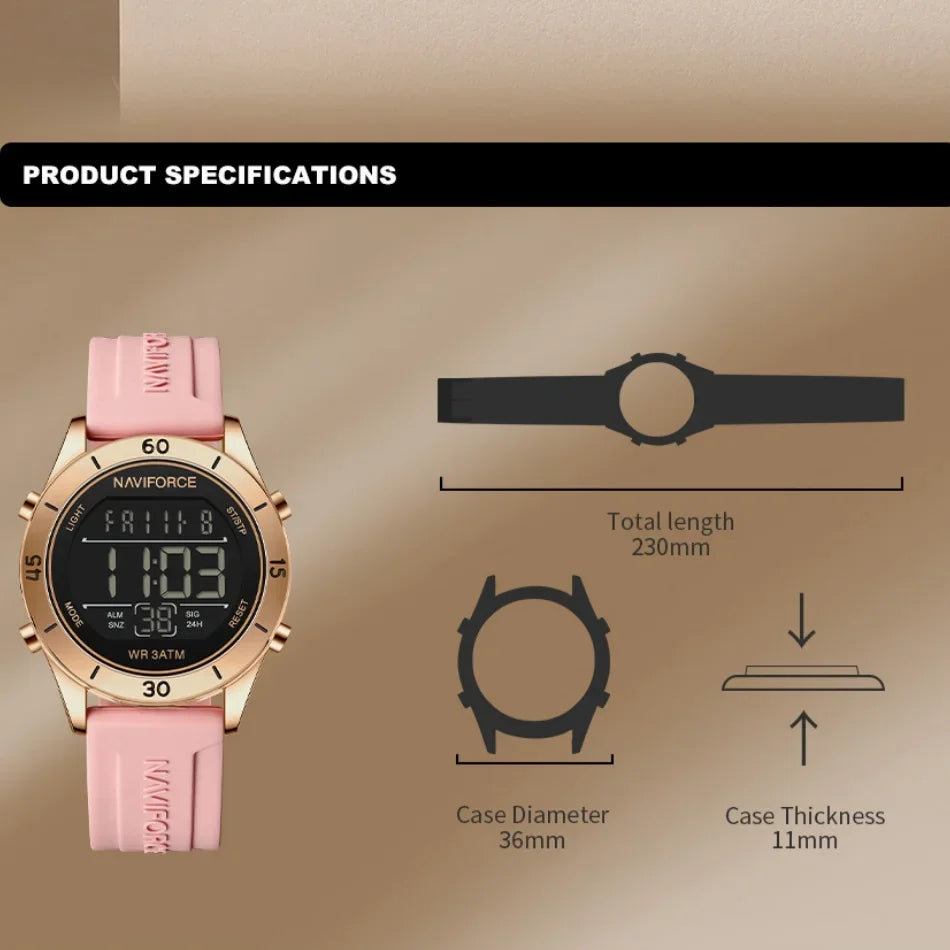 NAVIFORCE NF5054 Montre Sport Étanche LCD Numérique Jour et Date Bracelet Silicone Électronique