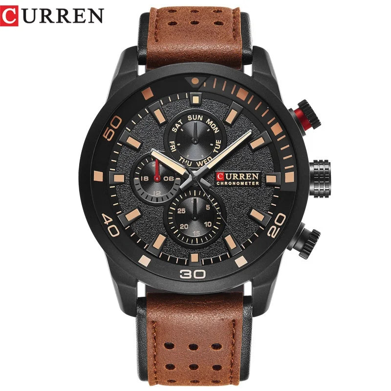 CURREN 8250 Montre Homme Étanche Décontractée à Trois Aiguilles Bracelet en Cuir Respirant