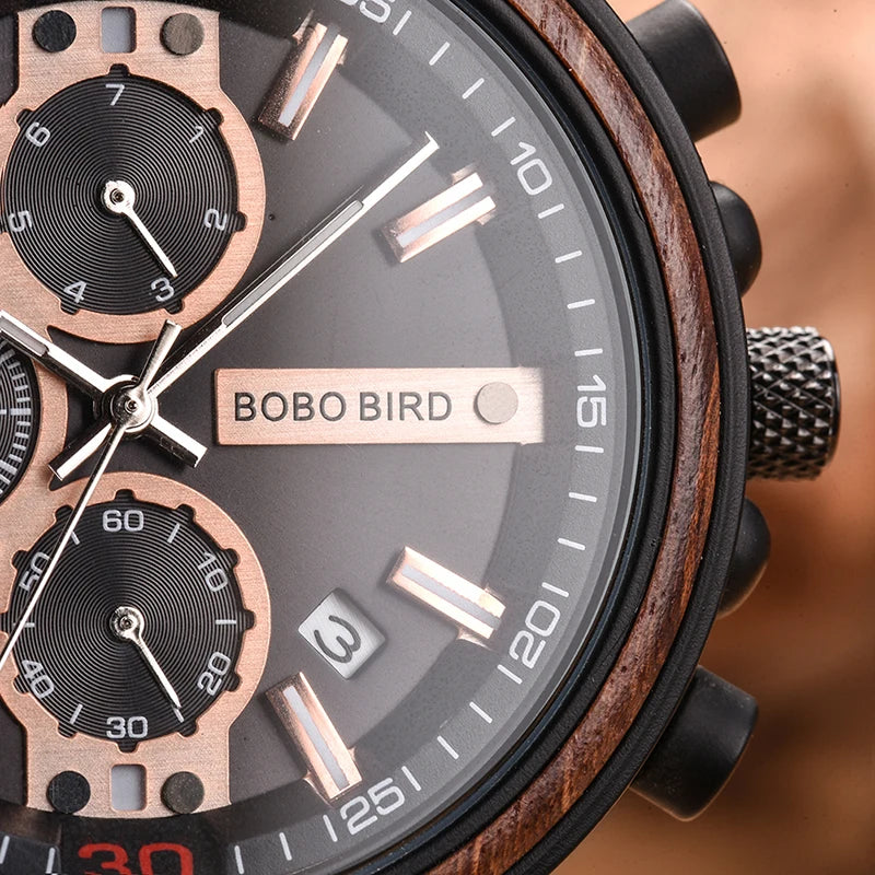 Relogio Masculino BOBO BIRD Montre Homme en Bois de Marque de Luxe Élégante Chronographe Militaire dans une Boîte en Bois reloj hombre