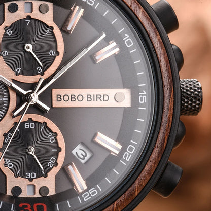 Relogio Masculino BOBO BIRD Montre Homme en Bois de Marque de Luxe Élégante Chronographe Militaire dans une Boîte en Bois reloj hombre