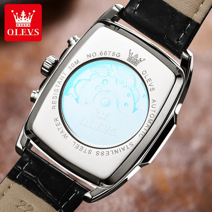 OLEVS 6675 Montre automatique originale pour homme, marque de luxe, cadran carré, phase de lune, volant ajouré, montre-bracelet mécanique pour homme