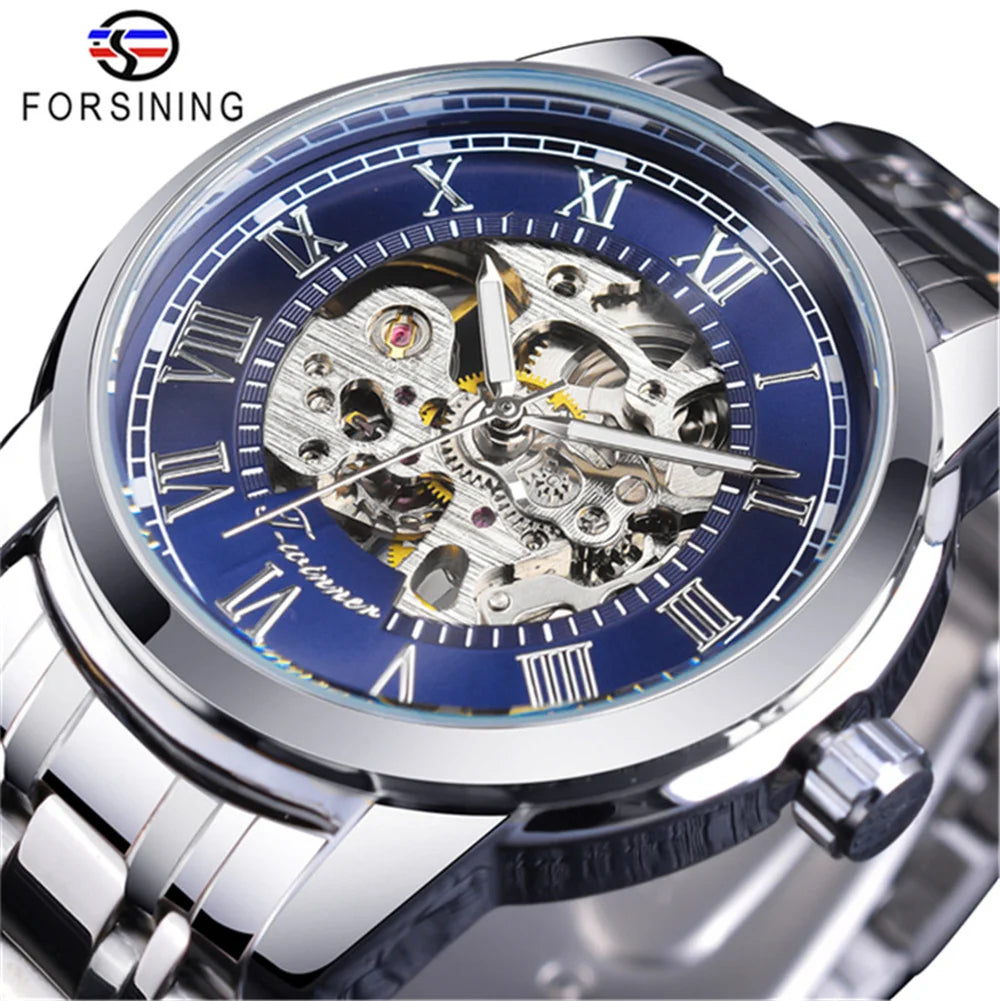 Forsining 349 Montre mécanique pour homme, boîtier rond, squelette, acier inoxydable, argenté et noir, montres-bracelets manuelles pour homme