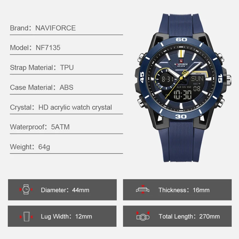 Montre homme décontractée NAVIFORCE de haute qualité, double affichage, sport, étanche, avec compte à rebours, chronographe et réveil, Reloj Hombre
