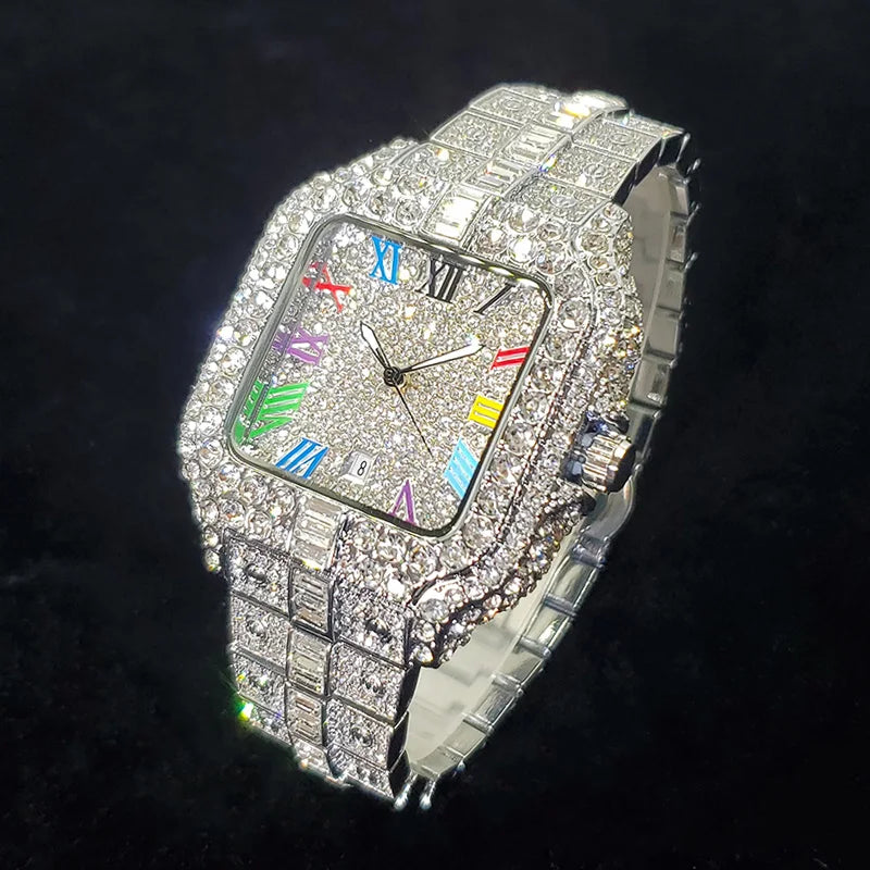 Montre de luxe en diamant 2025 pour homme, à la mode, avec chiffres colorés, style hip-hop, bijoux bling-bling, Reloj Hombre pour fête