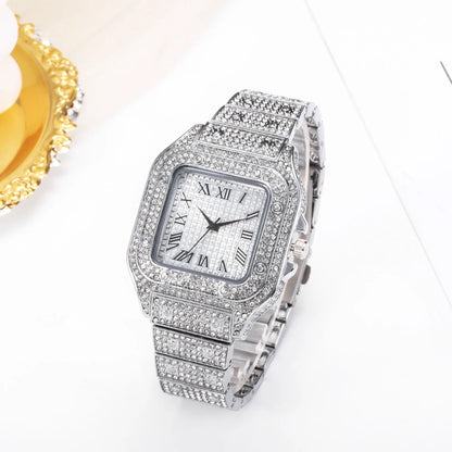Montres pour hommes, cadran carré, ciel étoilé, ceinture en acier, incrustation de diamant, style européen américain, chiffres romains, montres-bracelets à quartz, cadeau
