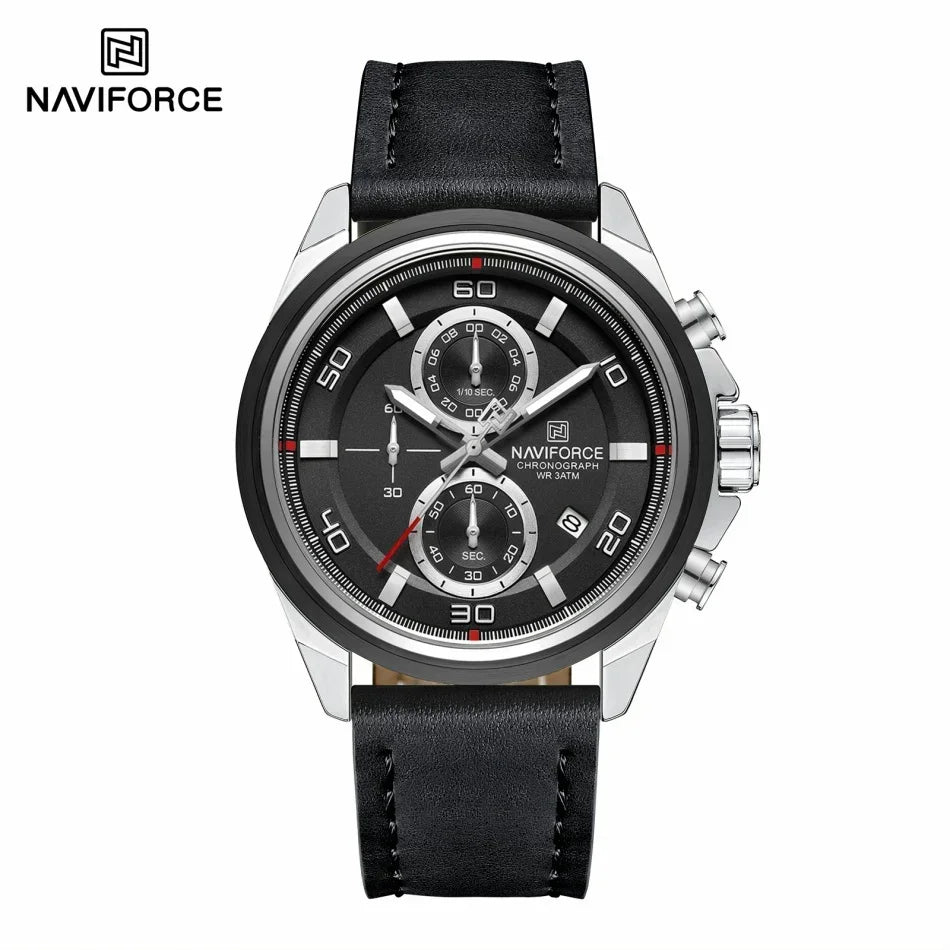 Montres NAVIFORCE pour hommes, bracelet en cuir véritable, chronographe à quartz, affichage de la date, montre-bracelet de sport étanche, cadeau masculin
