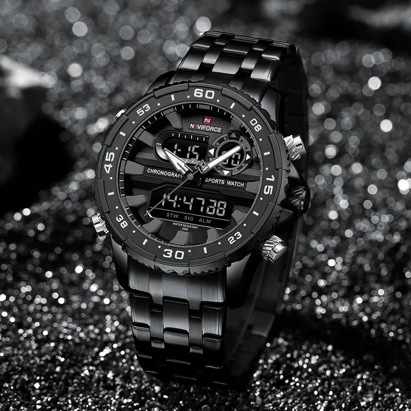 Top Marque NAVIFORCE Montre Homme Analogique LCD Numérique Bracelet en Acier Inoxydable Étanche Date Horloge Cadeaux