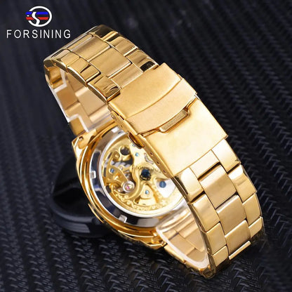 Forsining Montre Mécanique Automatique Transparente Rétro pour Hommes Marque de Luxe Aiguilles Lumineuses Dorées Squelette