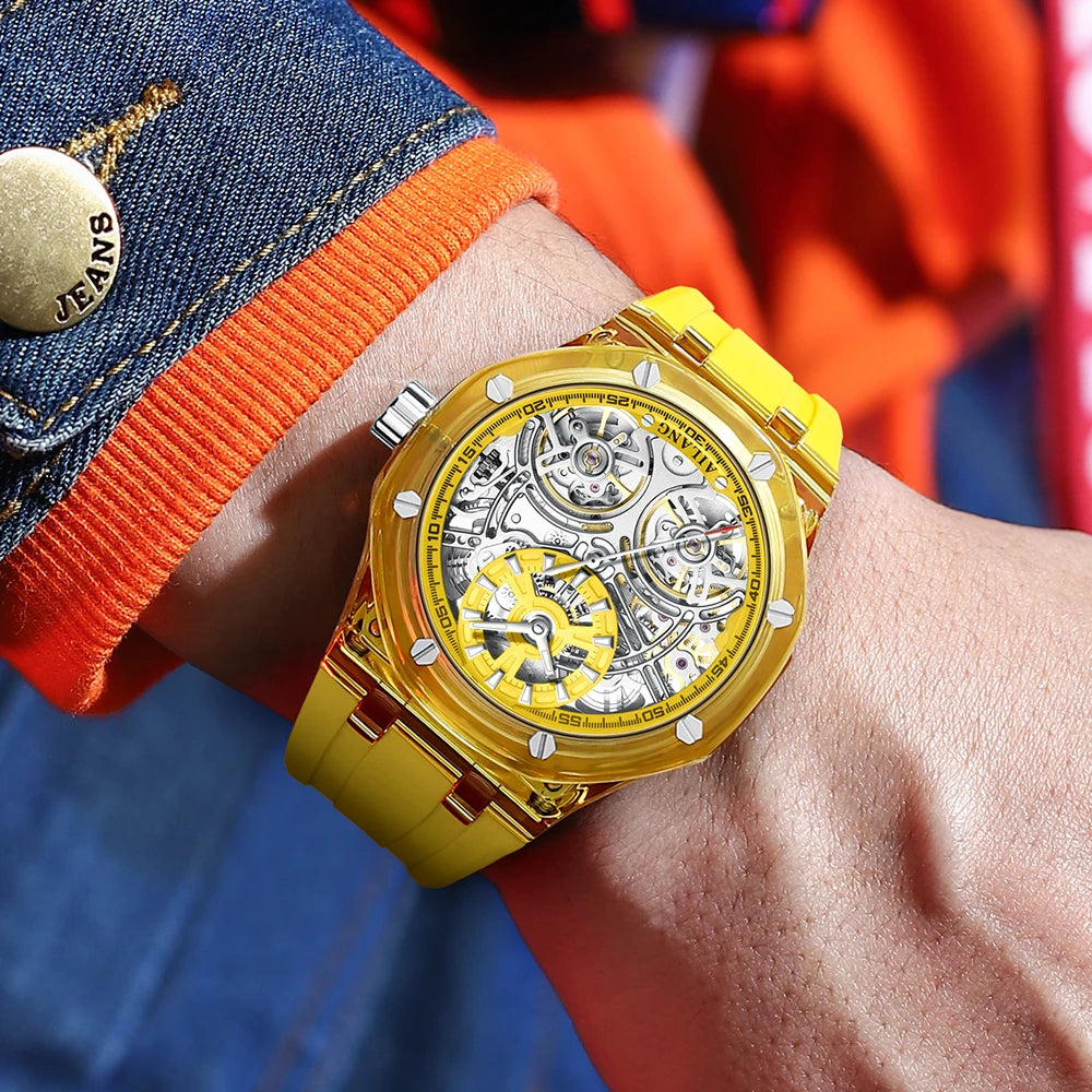 Double Tourbillon Design Luxury Men's Watch Yellow Transparent Case Rubber Fashion Style Leisure Automatic Mechanical Watch Men