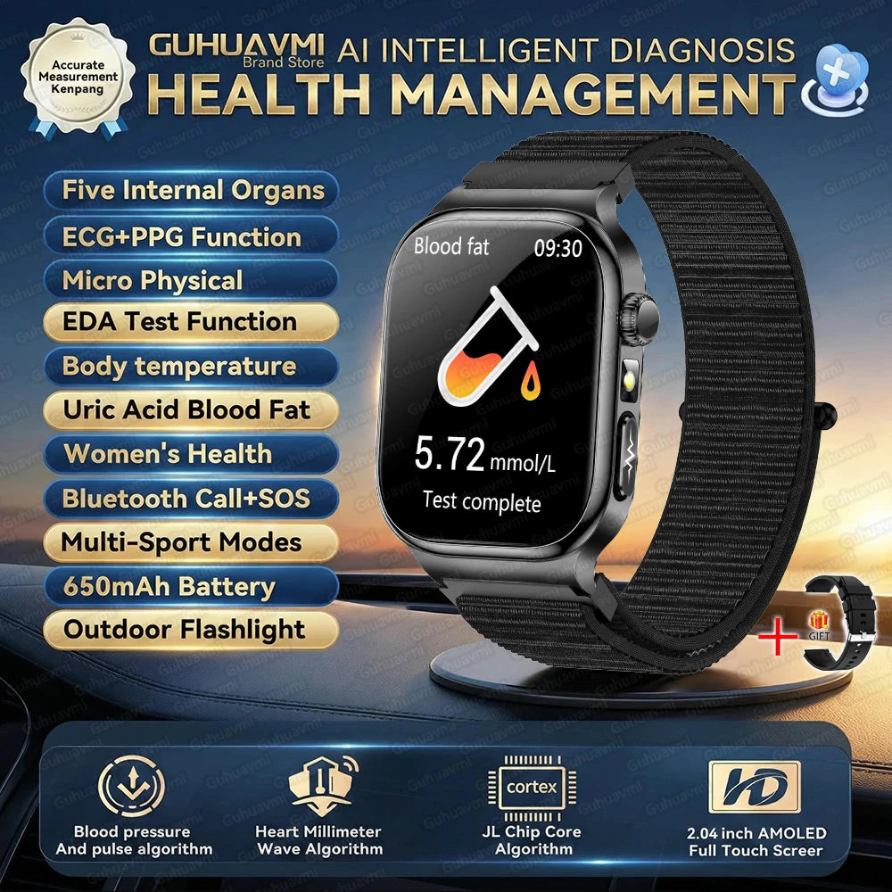 2026 Nouvelle Montre Connectée de Diagnostic Précis Graisse Corporelle ECG Oxygène Sanguin TA Santé Sport Écran AMOLED HD Appel Montres Intelligentes homme femme