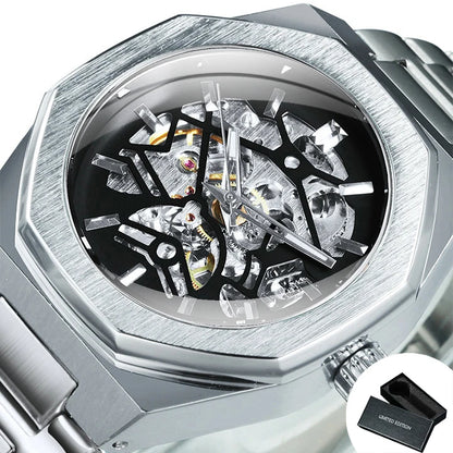 Montre mécanique classique Forsining à squelette pour homme Aiguilles lumineuses Bracelet en acier inoxydable Montres automatiques d'affaires irrégulières