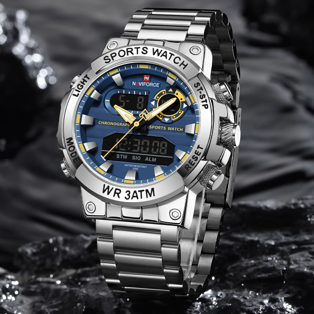 Montre numérique à quartz NAVIFORCE pour hommes, étanche, lumineuse, avec date, bracelet en acier inoxydable, chronographe, montres de sport