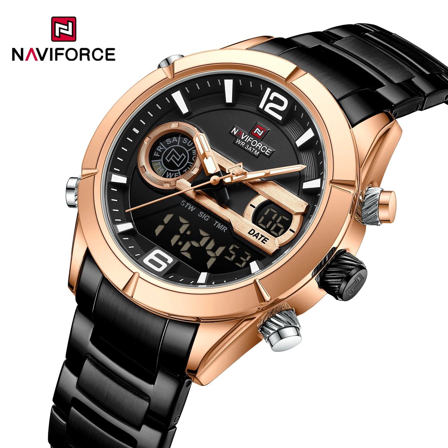 Montre de sport militaire de luxe NAVIFORCE pour hommes, lumineuse, étanche, bracelet en acier, affichage double numérique à quartz, montre-bracelet masculine.