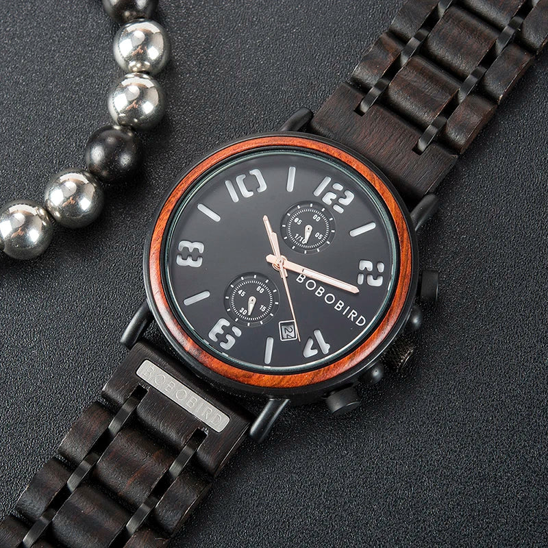 Montre en Bois de Luxe Marque Homme BOBO BIRD relogio masculino Chronographe Militaire reloj madera Cadeau pour Père Fils Mari