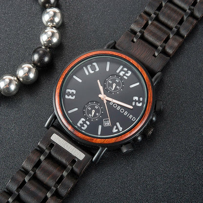 Montre en Bois de Luxe Marque Homme BOBO BIRD relogio masculino Chronographe Militaire reloj madera Cadeau pour Père Fils Mari