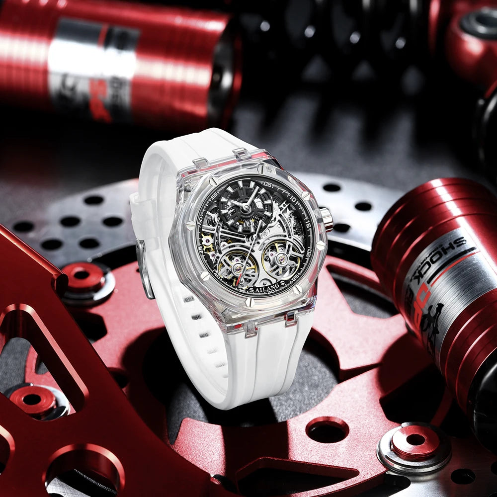 Double Tourbillon Design Luxury Men's Watch Yellow Transparent Case Rubber Fashion Style Leisure Automatic Mechanical Watch Men