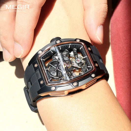 MEGIR 2242 automatic watch with tonneau dial and black silicone strap