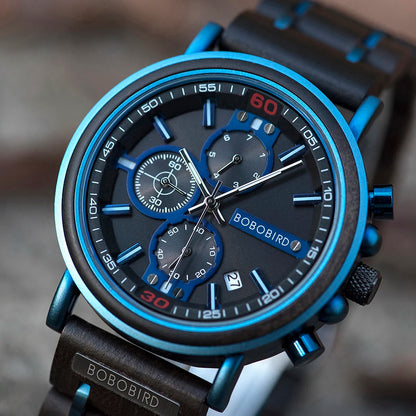 Relogio Masculino BOBO BIRD Montre Homme en Bois de Marque de Luxe Élégante Chronographe Militaire dans une Boîte en Bois reloj hombre