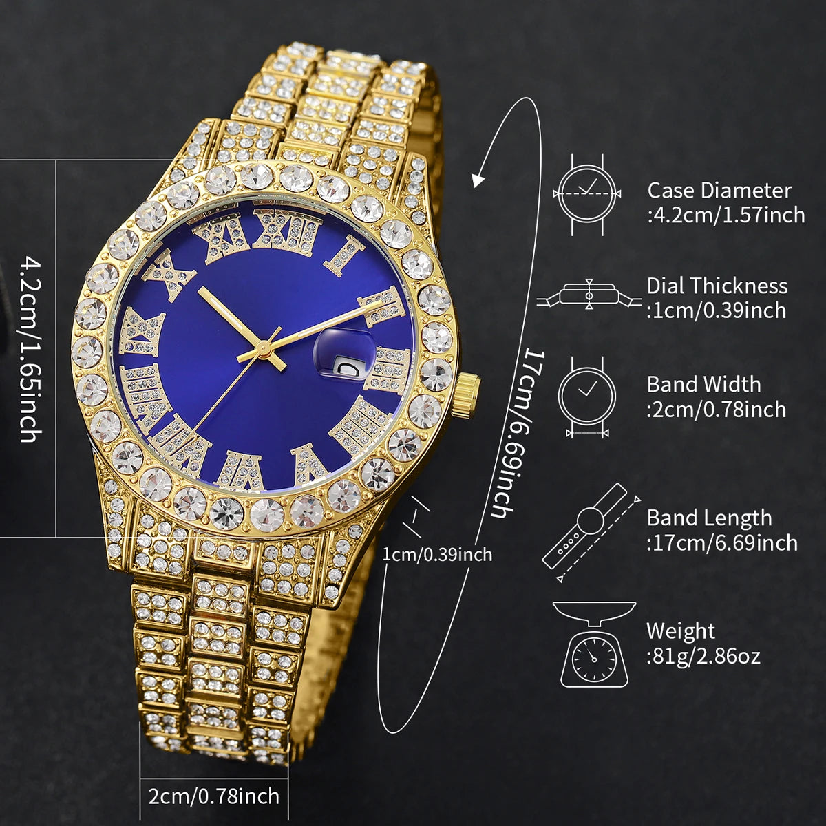 Montre à Quartz de Luxe Entièrement Diamantée pour Homme, Montre-Bracelet à Quartz Masculine Tendance avec Calendrier et Bracelet en Acier Inoxydable, Horloge de Date Reloj Hombre