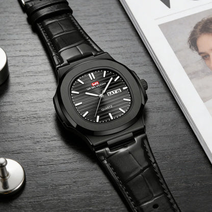 Montre Homme en Cuir Noir Boîtier Ovale Classique Argenté 40mm Double Calendrier Mouvement Quartz Étanche 3 ATM Montre Décontractée Sport pour Homme