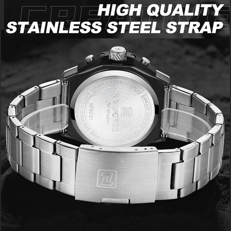 Montres Homme Sport Décontractées Marque NAVIFORCE Chronographe à Quartz Multifonction avec Affichage de la Date Bracelet en Acier Montre-Bracelet Reloj Hombre