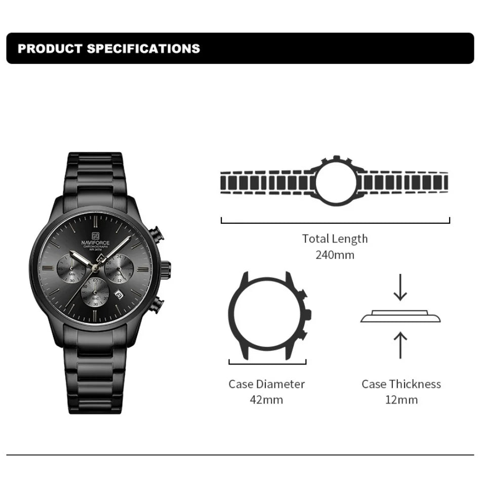 Montre Homme NAVIFORCE Quartz Calendrier Étanche 3ATM Affichage de la Date Bracelet en Acier Montre-Bracelet de Luxe Sport à la Mode NF8076