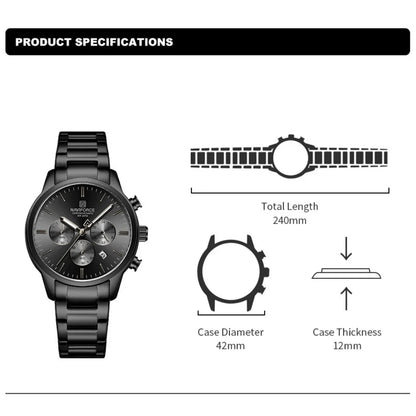 Montre Homme NAVIFORCE Quartz Calendrier Étanche 3ATM Affichage de la Date Bracelet en Acier Montre-Bracelet de Luxe Sport à la Mode NF8076