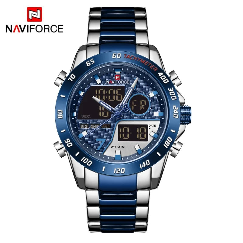 Montres NAVIFORCE Hommes Quartz Double Affichage Lumineux Bracelet en Acier Inoxydable Montre-Bracelet Masculine Affaires Quotidiennes Cadeaux Fête des Pères