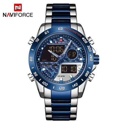 Montres NAVIFORCE Hommes Quartz Double Affichage Lumineux Bracelet en Acier Inoxydable Montre-Bracelet Masculine Affaires Quotidiennes Cadeaux Fête des Pères