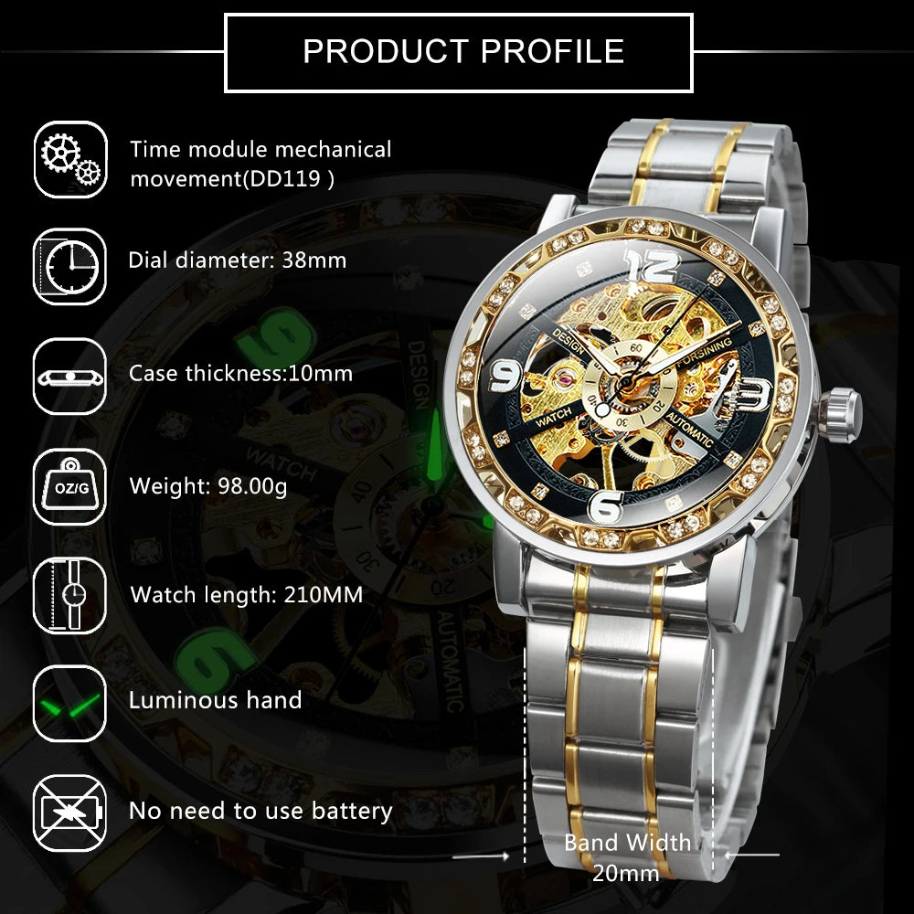 Forsining Luxury Diamond Mechanical Watches Luminous Hands Retro Skeleton Gold Watch for Men Stainless Steel Strap Wristwatches