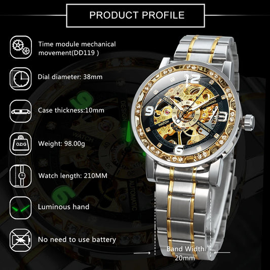 Montre mécanique Forsining de luxe à diamants, aiguilles lumineuses, montre squelette rétro dorée pour hommes avec bracelet en acier inoxydable