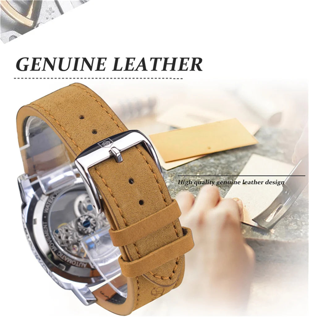 Forsining 403B Montres-bracelets automatiques pour hommes avec cadran squelette argenté et bracelet en cuir marron, cadeau idéal pour une fête