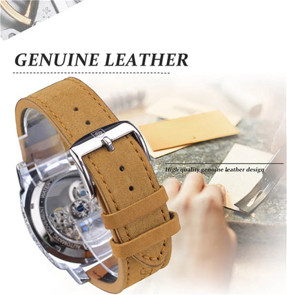 Forsining 403B Montres-bracelets automatiques pour hommes avec cadran squelette argenté et bracelet en cuir marron, cadeau idéal pour une fête