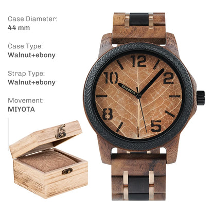 Montre en bois pour homme BOBO BIRD avec feuille véritable, montre en bois originale, montre en bois, montre fabriquée à la main, cadeau d'anniversaire pour homme