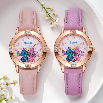 Stitch-themed kids watch with leather strap and rhinestone dial