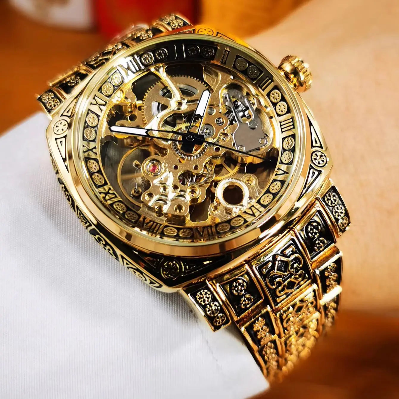 Forsining Gold Square Skeleton Automatic Mechanical Watches Engraved Design Luminous Hands Stainless Steel Strap Retro Men Watch