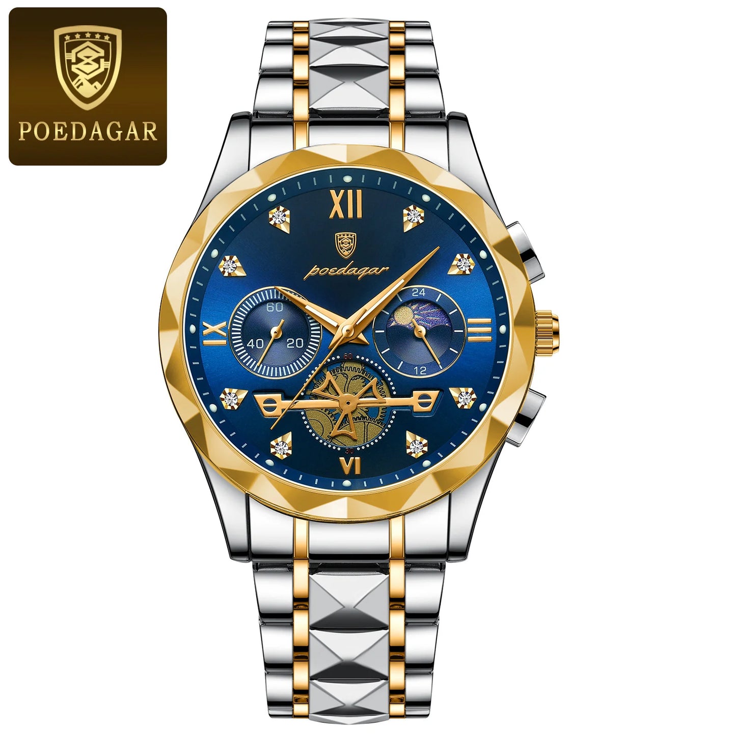 POEDAGAR Montre-bracelet homme de haute qualité en acier inoxydable, chronographe, pour affaires, étanche, lumineuse, à quartz