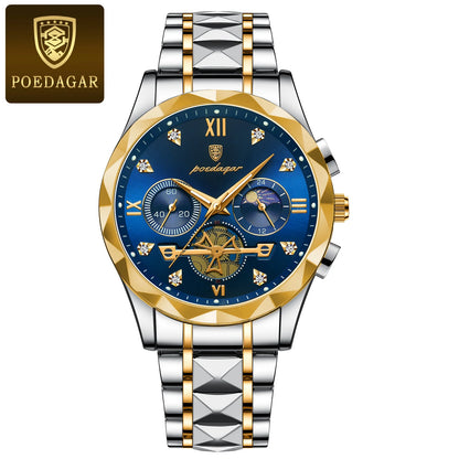 POEDAGAR Montre-bracelet homme de haute qualité en acier inoxydable, chronographe, pour affaires, étanche, lumineuse, à quartz