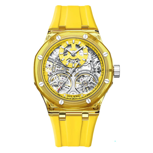 Double Tourbillon Design Luxury Men's Watch Yellow Transparent Case Rubber Fashion Style Leisure Automatic Mechanical Watch Men